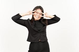 Showing Peace Sign Of Beautiful Asian Woman Wearing Black Blazer Isolated On White Background photo