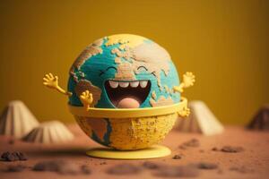 Cute Earth character laughting on yellow background, Happy Earth day, World laughter day. photo