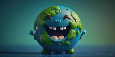 Joyful Earth character laughting on blue background, Happy Earth day, World laughter day. photo