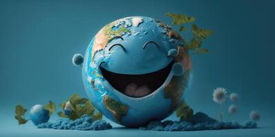 Joyful Earth character laughting on blue background, Happy Earth day, World laughter day. photo