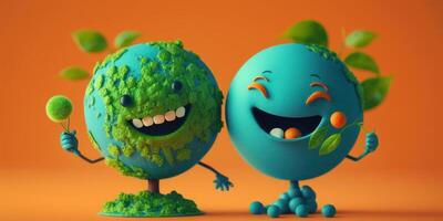 Cute Earth character laughting on orange background, Happy Earth day, World laughter day. photo