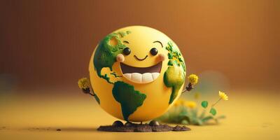 Cute Earth character laughting on yellow background, Happy Earth day, World laughter day. photo