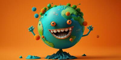 Cute Earth character laughting on orange background, Happy Earth day, World laughter day. photo