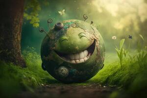 Joyful Earth character laughting on green background, Happy Earth day, World laughter day. photo