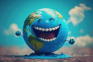 Cute earth character laughting on blue sky background, Happy Earth day, World laughter day. photo