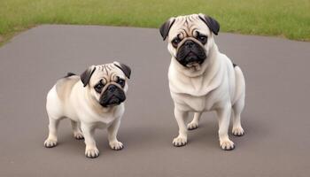 two pug dogs standing in the yard, photo