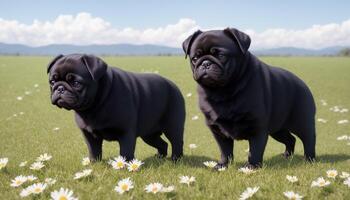 Black pug in the green grass with daisy flower, photo