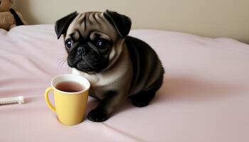 mini doguillo sentado en el cama con té taza, ai generado foto