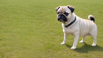 Pug dog standing of soft green grass background, photo