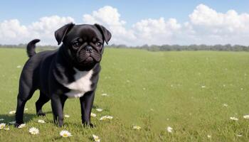 Black pug puppy standing in the grass, photo