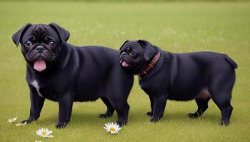 two black pug dog walking on the grass and open mouth, photo