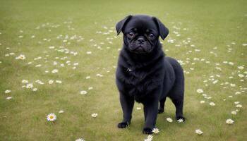 Black pug in the green grass, photo