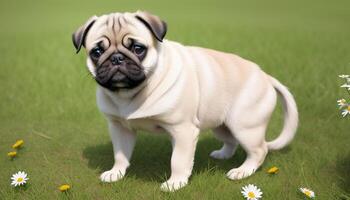 Close-up face of cute puppy Pug stand on green grass field, photo