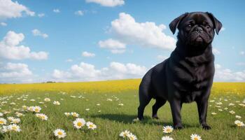 Black pug dog standing on green grass, photo