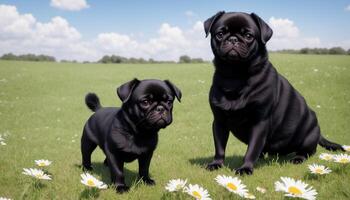 black pug mom and puppies on the green grass, photo