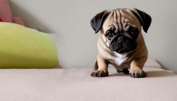 mini pug walking on the bed, photo