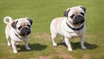 two pug dogs standing on the grass, photo