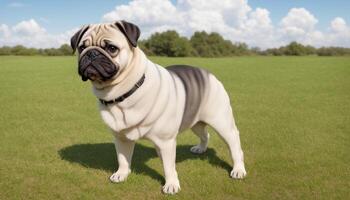 Pug dog standing on the grass in the middle of the blue sky, photo