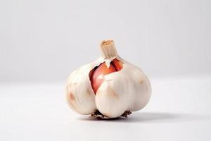 Close up of Garlic on white background with copy space. Healthy vegan vegetarian food concept photo