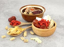 Many chinese medicin herbs ,goji berry, dried jujube, chinese yam, polygonatum photo