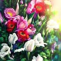 un ramo de flores de vistoso flores, un brillante paisaje floral, un festivo floral exhibición, floral petróleo pintura en lona , todavía vida flores cuadro, diseñado con artificial inteligencia, generativo ai foto