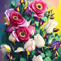 A Bouquet of Colorful Blooms, A Brilliant Bloomscape, A Festive Floral Display,Floral Oil painting on canvas , Still life flowers painting, Designed with artificial intelligence, photo