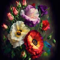 A Bouquet of Colorful Blooms, A Brilliant Bloomscape, A Festive Floral Display,Floral Oil painting on canvas , Still life flowers painting, Designed with artificial intelligence, photo