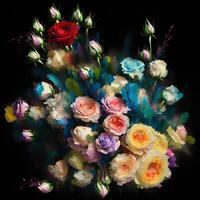 A Bouquet of Colorful Blooms, A Brilliant Bloomscape, A Festive Floral Display,Floral Oil painting on canvas , Still life flowers painting, Designed with artificial intelligence, photo