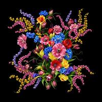 un ramo de flores de vistoso flores, un brillante paisaje floral, un festivo floral exhibición, floral petróleo pintura en lona , todavía vida flores cuadro, diseñado con artificial inteligencia, generativo ai foto