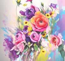 A Bouquet of Colorful Blooms, A Brilliant Bloomscape, A Festive Floral Display,Floral Oil painting on canvas , Still life flowers painting, Designed with artificial intelligence, photo