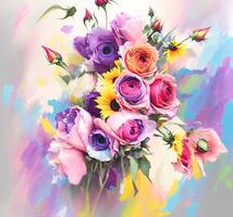 A Bouquet of Colorful Blooms, A Brilliant Bloomscape, A Festive Floral Display,Floral Oil painting on canvas , Still life flowers painting, Designed with artificial intelligence, photo