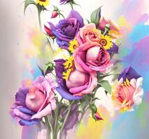 A Bouquet of Colorful Blooms, A Brilliant Bloomscape, A Festive Floral Display,Floral Oil painting on canvas , Still life flowers painting, Designed with artificial intelligence, photo