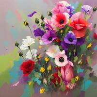 A Bouquet of Colorful Blooms, A Brilliant Bloomscape, A Festive Floral Display,Floral Oil painting on canvas , Still life flowers painting, Designed with artificial intelligence, photo