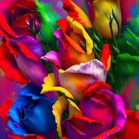 un ramo de flores de vistoso flores, un brillante paisaje floral, un festivo floral exhibición, floral petróleo pintura en lona , todavía vida flores cuadro, diseñado con artificial inteligencia, generativo ai foto