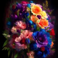 A Bouquet of Colorful Blooms, A Brilliant Bloomscape, A Festive Floral Display,Floral Oil painting on canvas , Still life flowers painting, Designed with artificial intelligence, photo