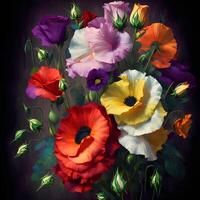 A Bouquet of Colorful Blooms, A Brilliant Bloomscape, A Festive Floral Display,Floral Oil painting on canvas , Still life flowers painting, Designed with artificial intelligence, photo