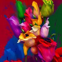 A Bouquet of Colorful Blooms, A Brilliant Bloomscape, A Festive Floral Display,Floral Oil painting on canvas , Still life flowers painting, Designed with artificial intelligence, photo