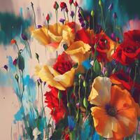 A Bouquet of Colorful Blooms, A Brilliant Bloomscape, A Festive Floral Display,Floral Oil painting on canvas , Still life flowers painting, Designed with artificial intelligence, photo