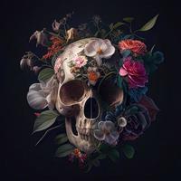 Creepy Floral skull for Halloween and day of the dead design. Ai generative art photo