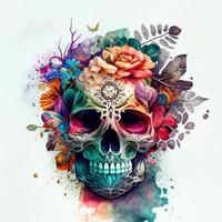 Watercolor Floral skull for Halloween and day of the dead design. Ai generative art photo