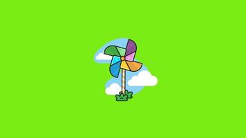 vistoso molinillo imágenes en cubierto de hierba nubes giratorio molinillo juguete animación. renovable energía concepto. 3d representación aislado en el verde pantalla gratis vídeo video