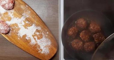 Serving meat cutlets on a black plate with fried potatoes, top view. video