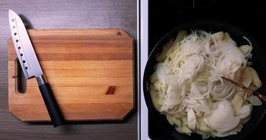 fritar batatas e cebolas dentro uma profundo frigideira, topo visualizar. video