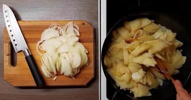 fritura patatas y cebollas en un profundo cacerola, parte superior vista. video
