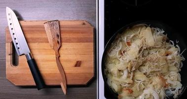 Frying potatoes and onions in a deep pan, top view. video