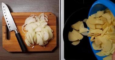 Frying potatoes and onions in a deep pan, top view. video