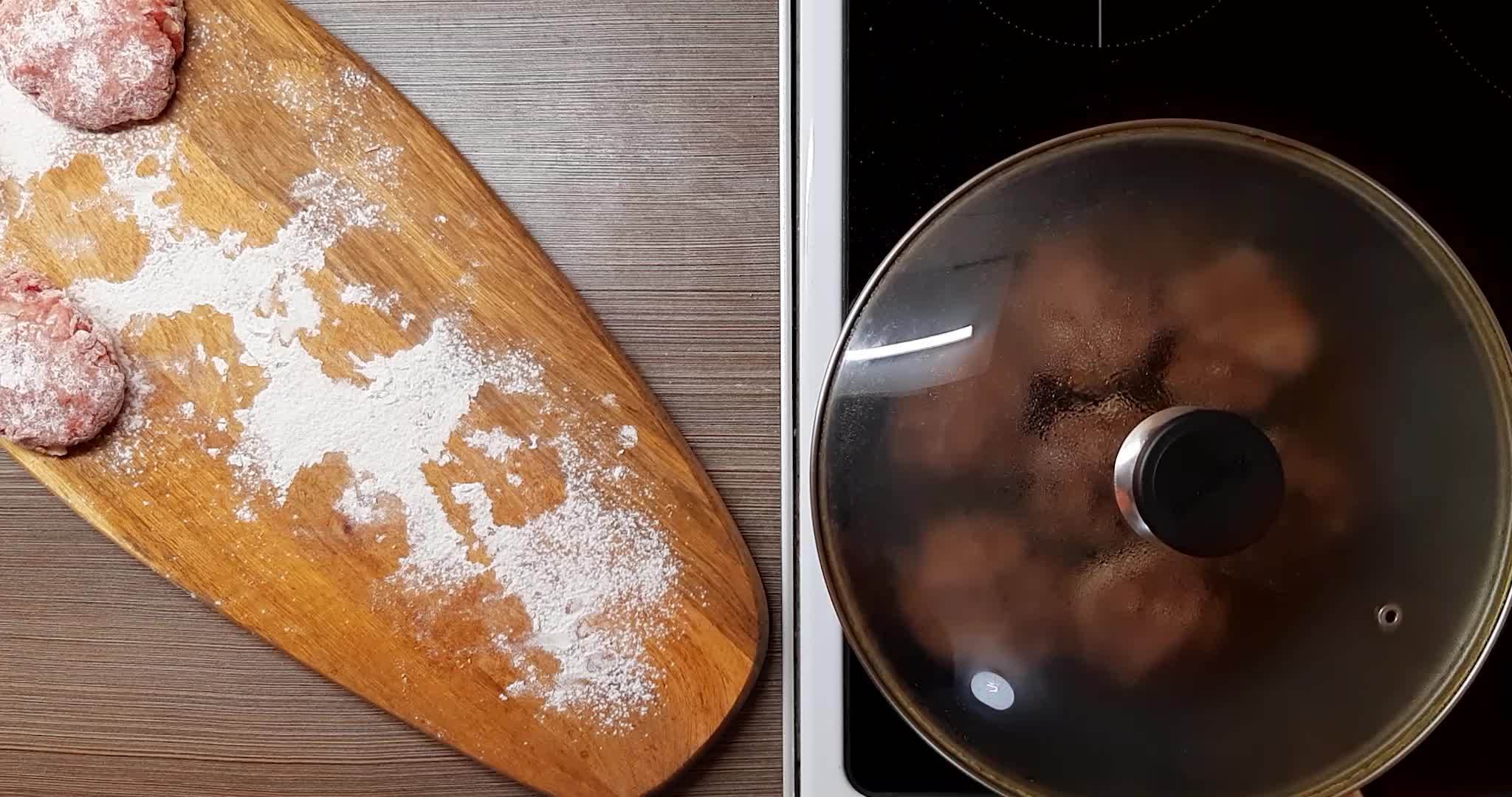Frying meat cutlets in oil in a frying pan, plate top view. 22470932