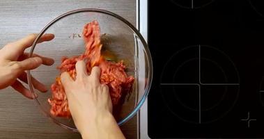 crudo terra Manzo è misto con spezie, cipolle e uova. il Visualizza a partire dal il superiore. video