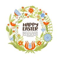 Happy Easter greeting card with copy space. Spring floristic wreath with flowers, branch and leaves. Creative lettering composition. Vector illustration for card, invitation, poster, flyer etc.