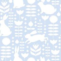 Easter seamless pattern with  silhouette of cute various bunnies, flowers and leaves on blue background. Texture for textile, postcard, wrapping paper, packaging etc. Vector illustration.